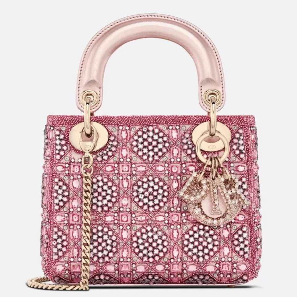 Dior Lady Dior Mini Chain Bag in Satin with Pink Resin Pearl Embroidery