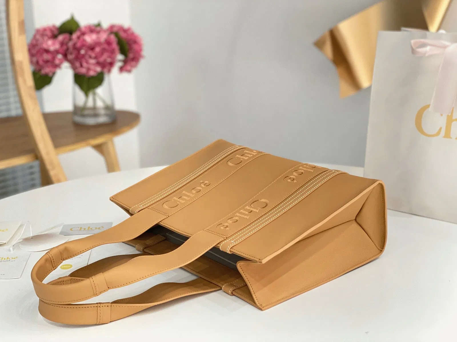 Top Quality Knockoff Chloe Woody Medium Tote Bag In Beige Calfskin — image 8