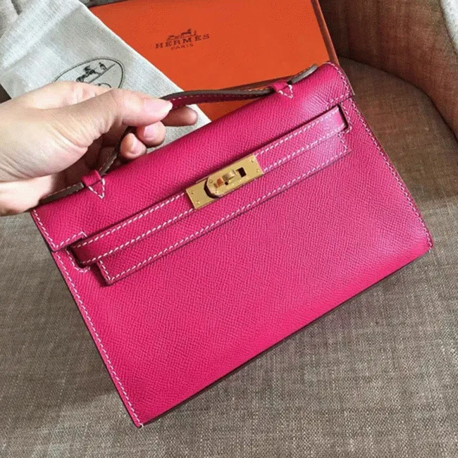 Rose Red Epsom Knockoff Hermes Kelly Pochette Chic Mini Bag