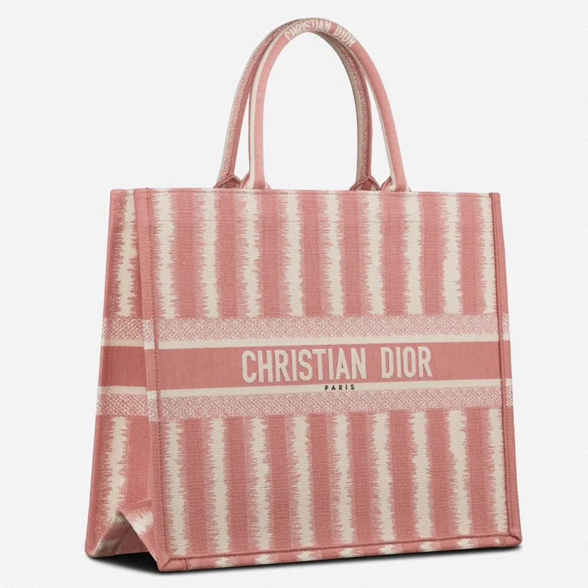 Dior Large Book Tote Bag in Pink Stripes Embroidery