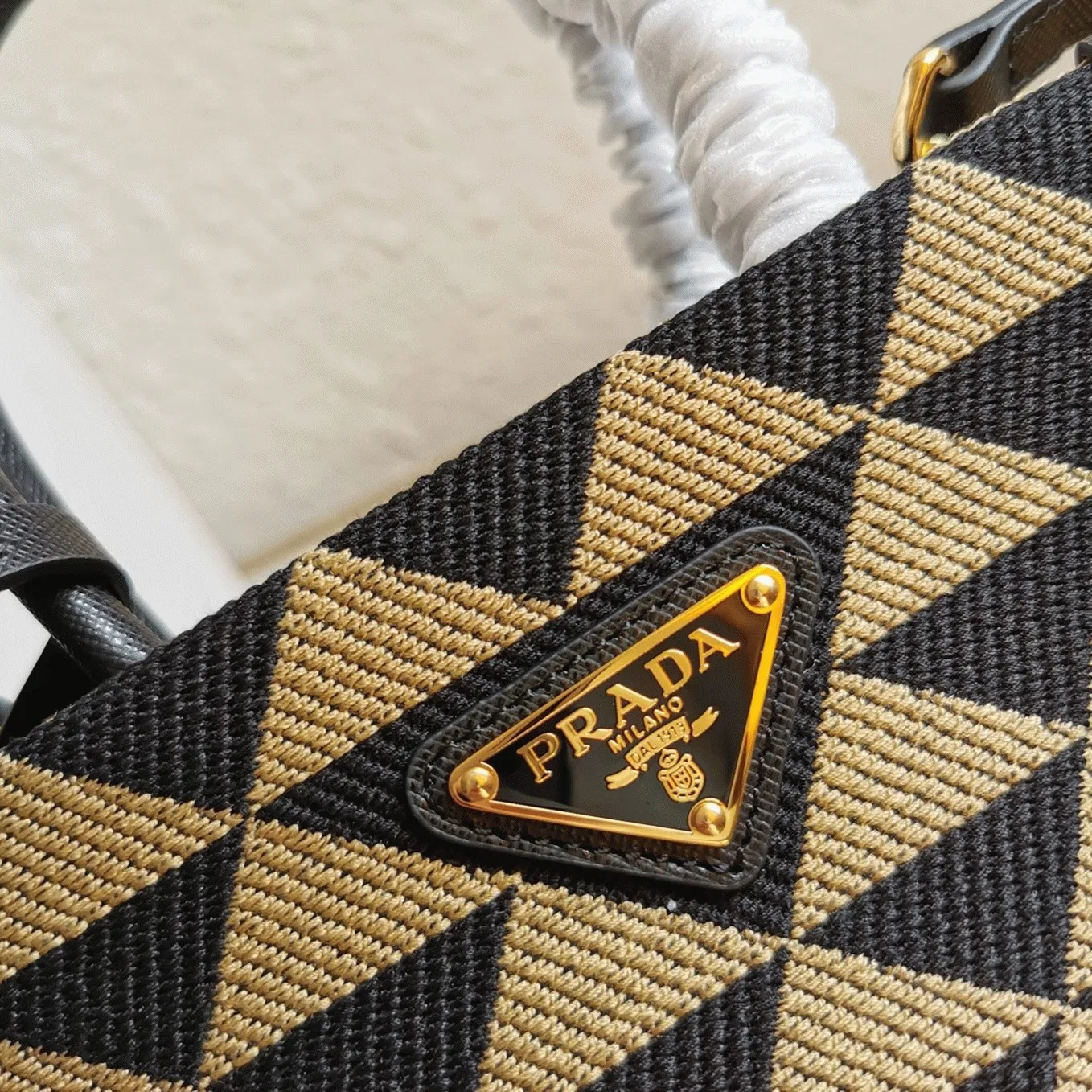 Prada Symbole Micro Bag in Black/Beige Jacquard Fabric — image 4