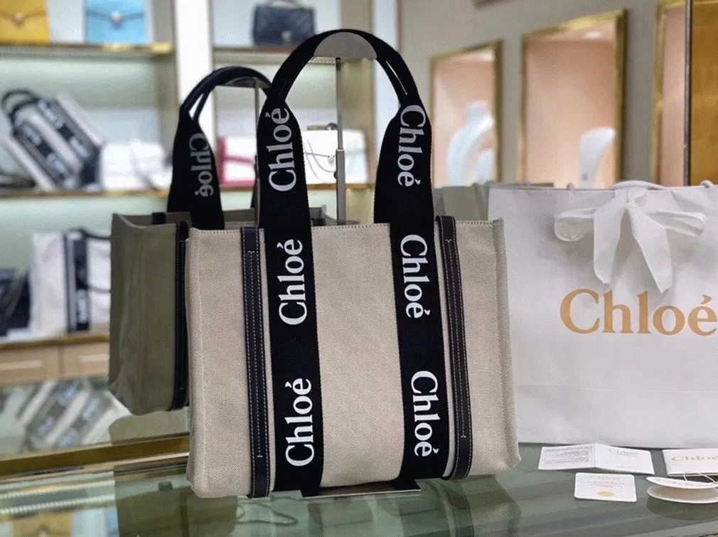 Top Quality Chloe Large Woody Tote Bag in Canvas with Black Leather Strips — image 5