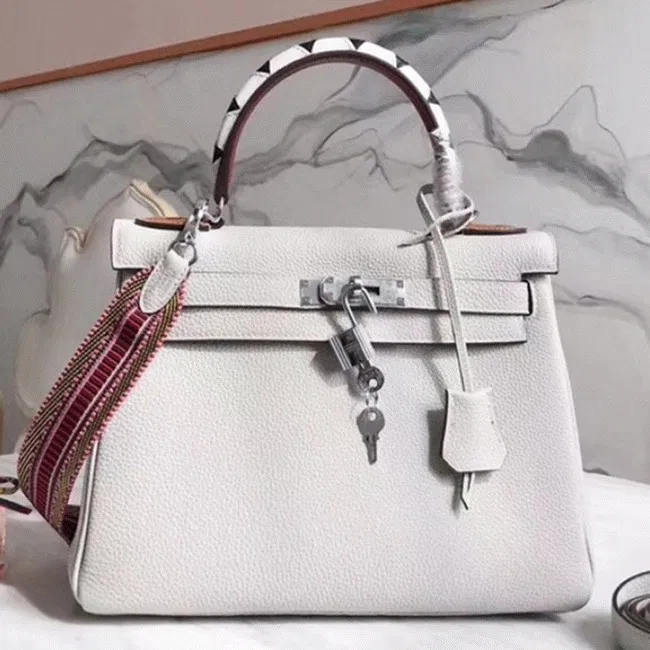 White Hermes Kelly 28cm Knockoff Bag with Zigzag Handle