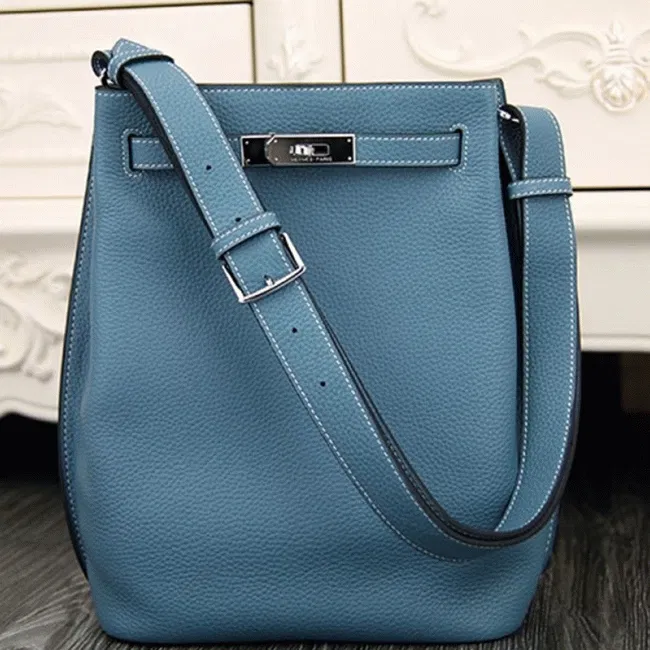 Jean Blue Leather Hermes So Kelly 22cm Casual Handbag