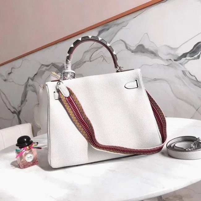 White Hermes Kelly 28cm Knockoff Bag with Zigzag Handle — image 2
