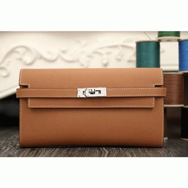 Brown designer Hermes Kelly Longue wallet