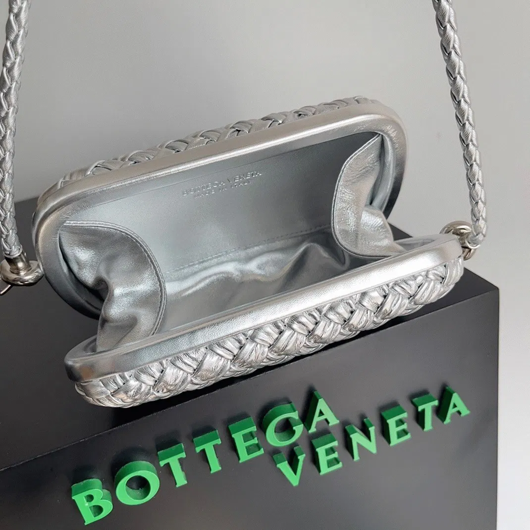 Bottega Veneta Knot Minaudiere On Strap Silver Intreccio Laminated Leather — image 6