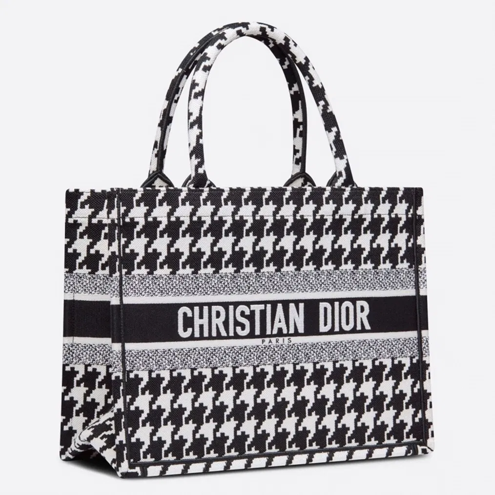Dior Medium Book Tote Bag in Black Houndstooth Embroidery