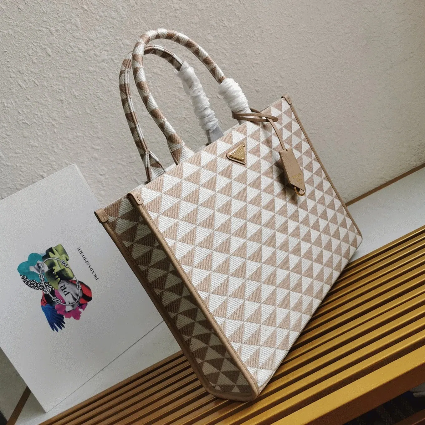 Prada Symbole Large Bag Knockoff in Beige/White Jacquard Fabric — image 5