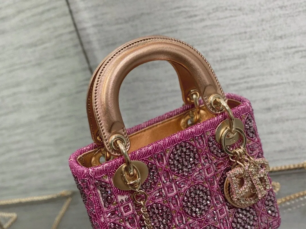 Dior Lady Dior Mini Chain Bag in Satin with Pink Resin Pearl Embroidery — image 8