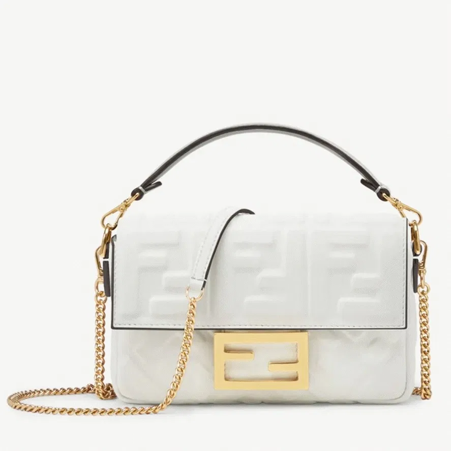 White FF Logo Fendi Medium Baguette Bag