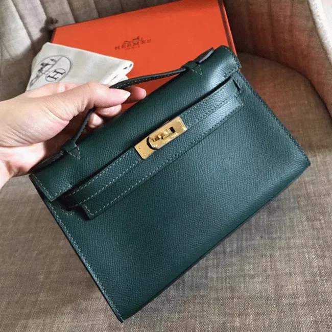 Malachite Epsom AAA Hermes Kelly Pochette Green Toned Purse