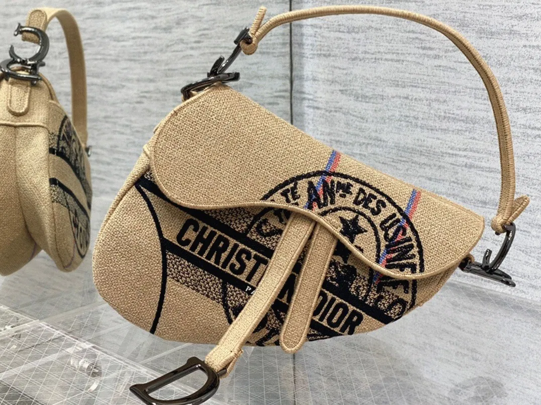 Dior Saddle Bag Knockoff in Beige Jute Canvas with Dior Union Motif — image 2