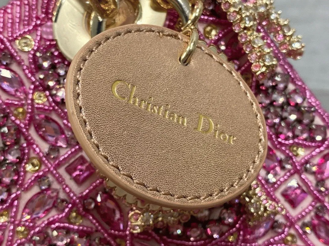 Dior Lady Dior Mini Chain Bag in Satin with Pink Resin Pearl Embroidery — image 5