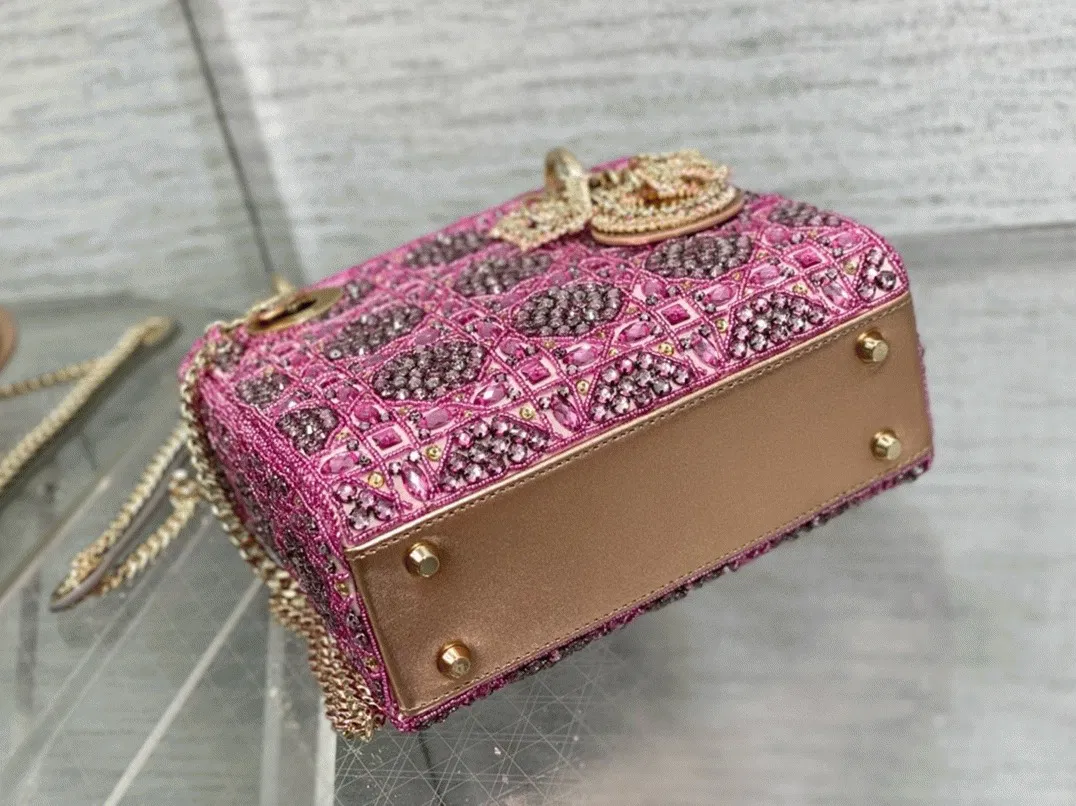 Dior Lady Dior Mini Chain Bag in Satin with Pink Resin Pearl Embroidery — image 9