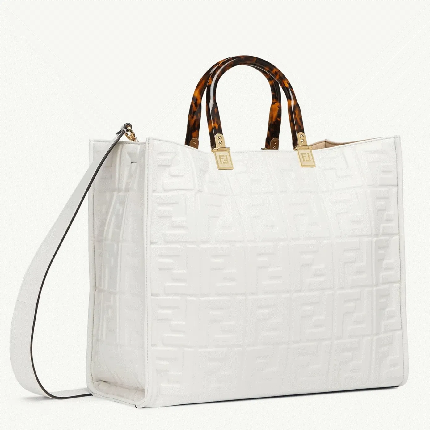 Top Quality Fendi Sunshine Medium Tote Bag In White FF Calfskin