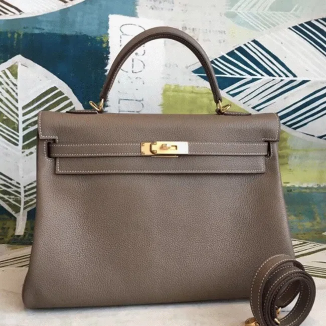 Taupe Clemence Knockoff Hermes Kelly 35cm Soft Leather Tote