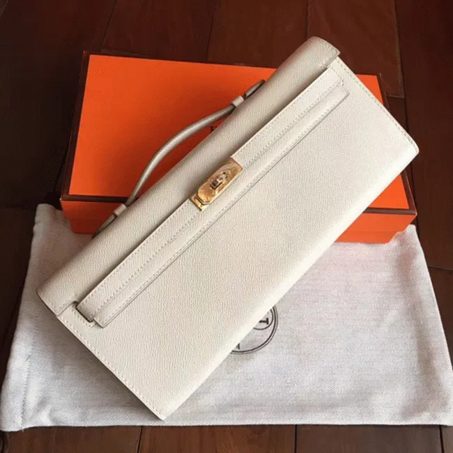 White Epsom Hermes Kelly Cut Clutch Clean Look Bag