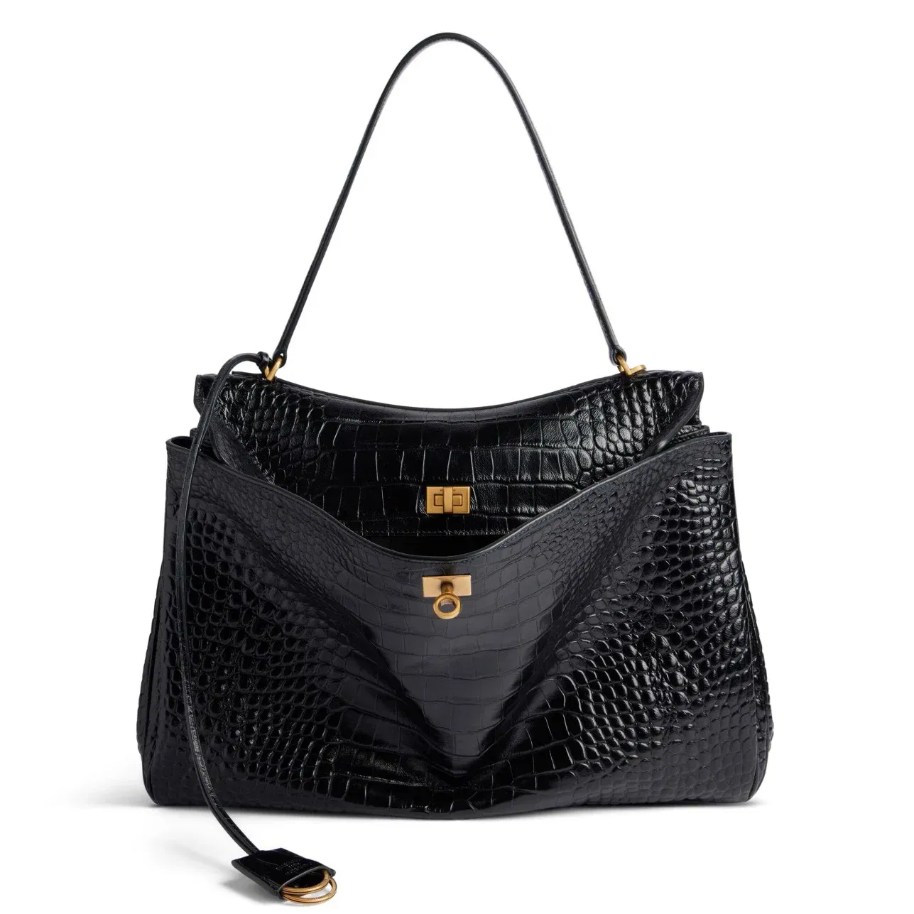 Knockoff Balenciaga Rodeo Large Bag Black Crocodile Embossed Calfskin