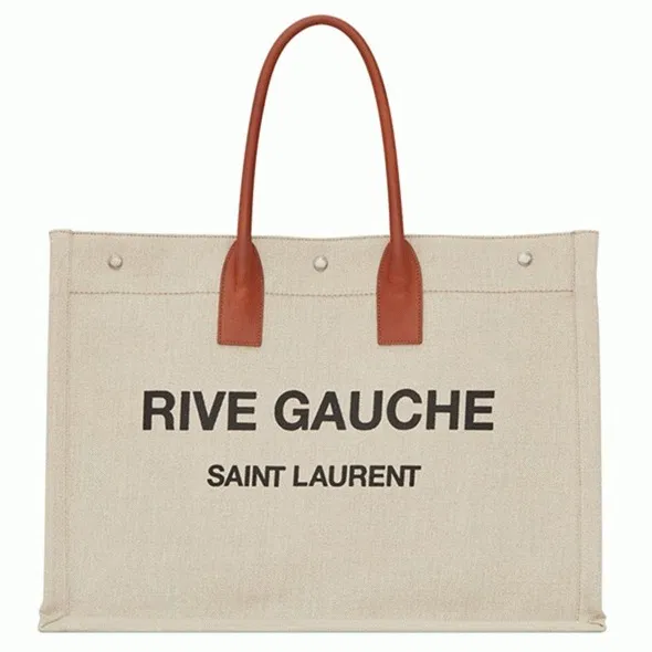 Knockoff Saint Laurent Rive Gauche Tote Bag White Linen and Brown Leather