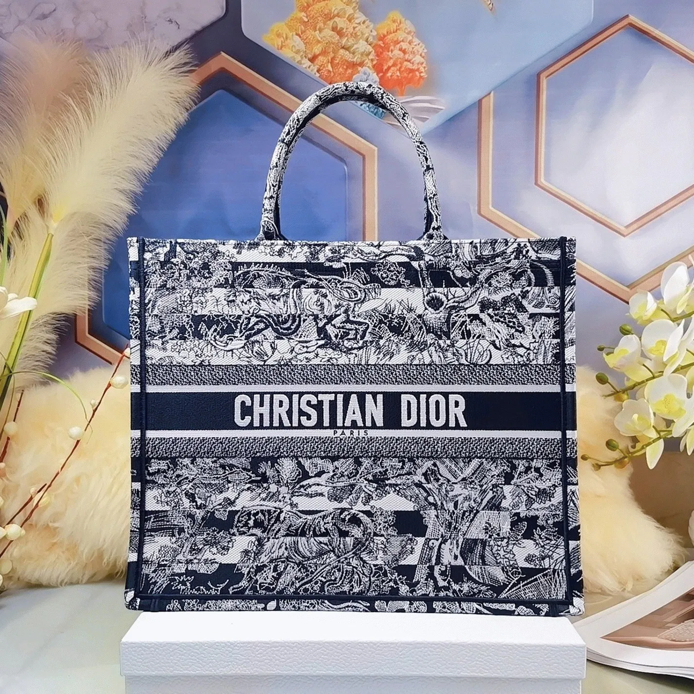 Dior Large Book Tote Bag in Blue Toile de Jouy Stripes Embroidery — image 5