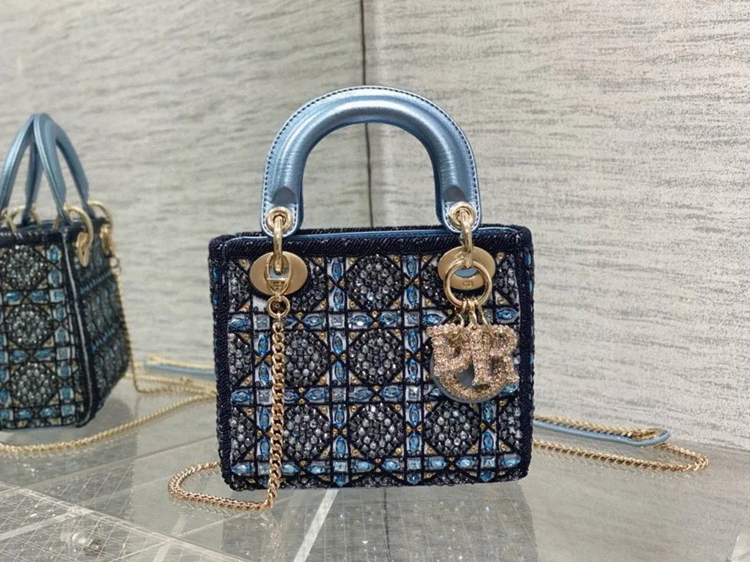 Dior Lady Dior Mini Chain Bag in Satin with Blue Bead Embroidery — image 4