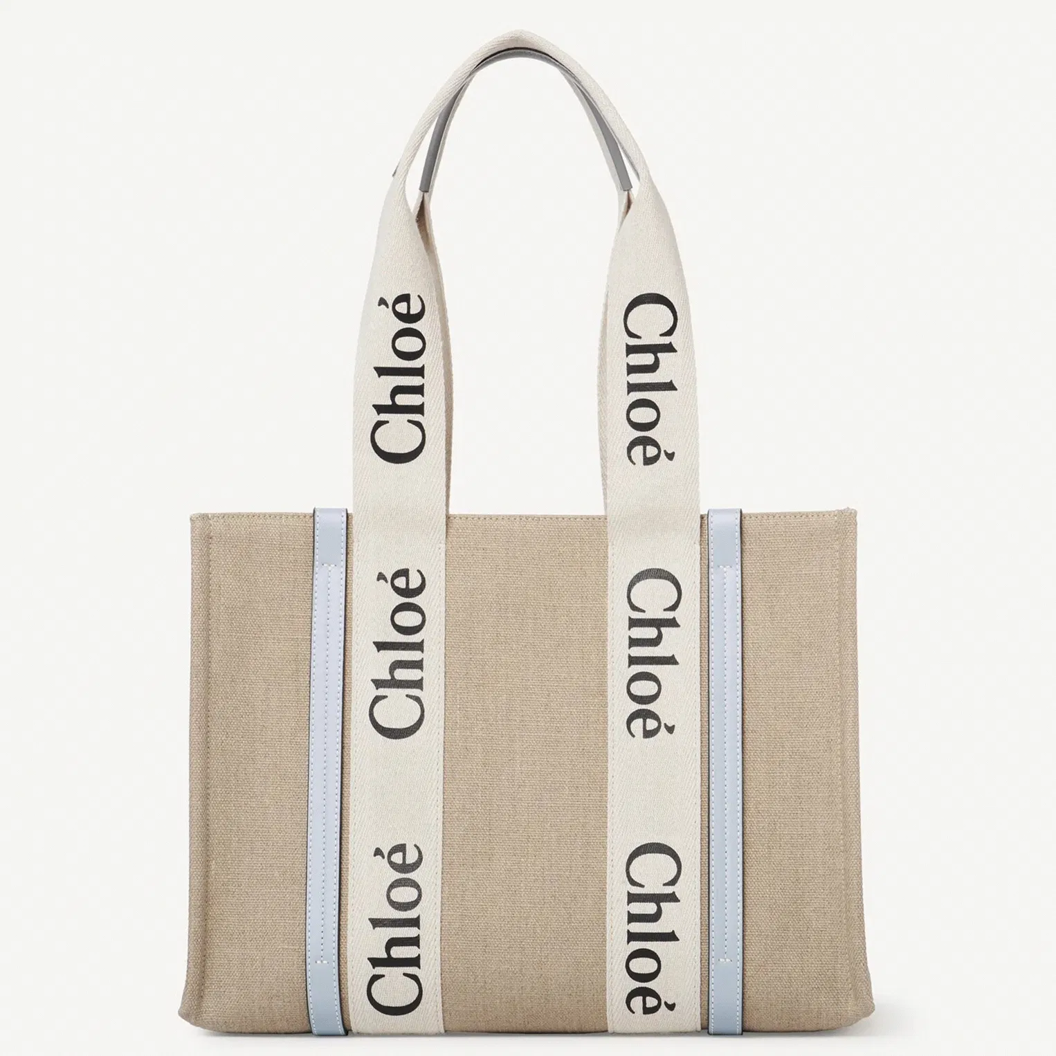 Top Quality Chloe Woody Medium Tote Bag in Linen Canvas with Blue Leather