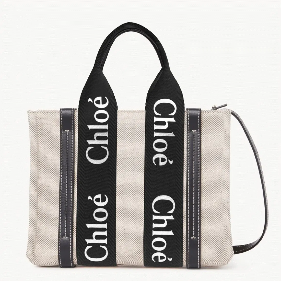 Top Quality Chloe Small Woody Tote Bag in Canvas with Black Leather Strips