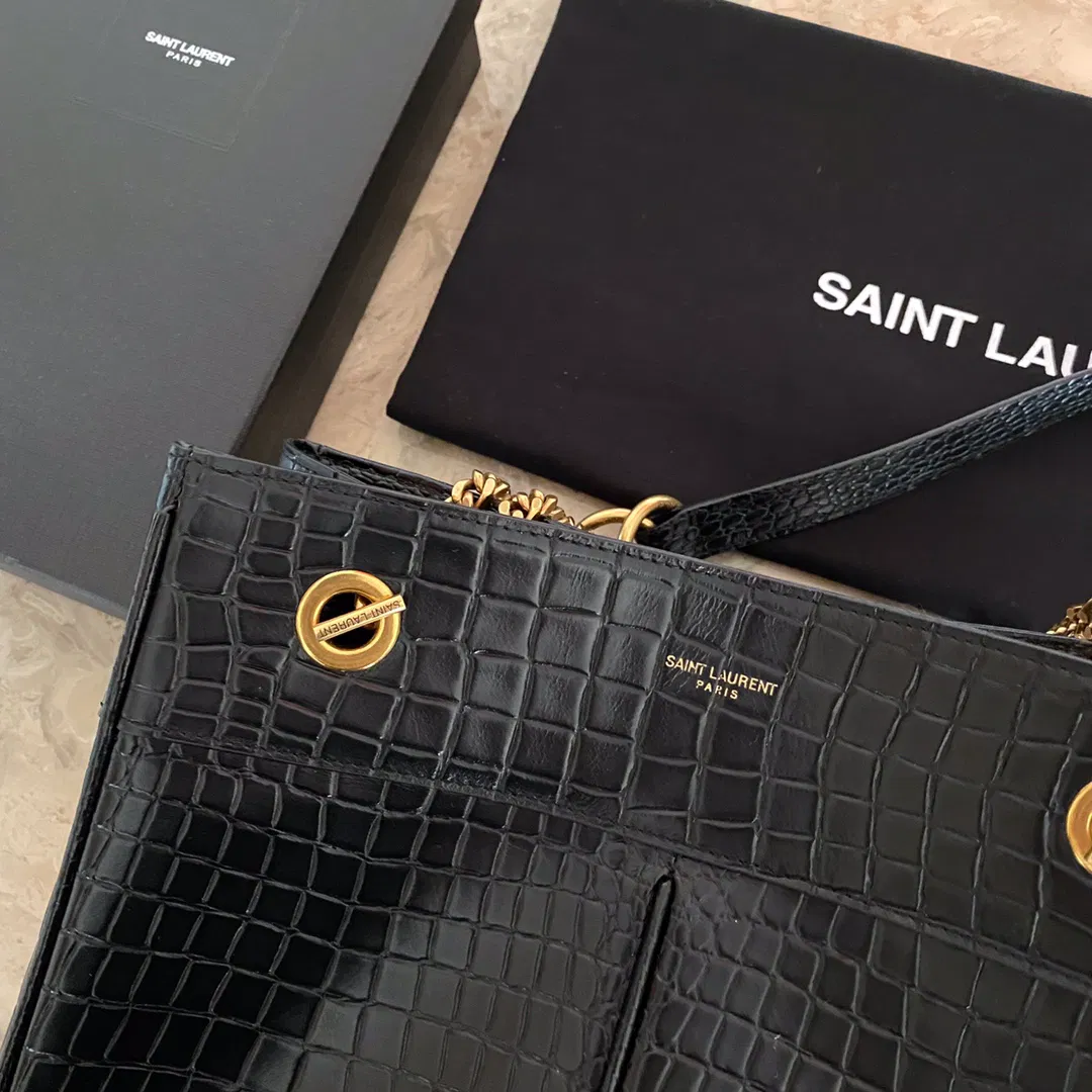 YSL Saint Laurent classic reproduction crocodile pattern shopping bag with detachable chain, bronze metal chain — image 6