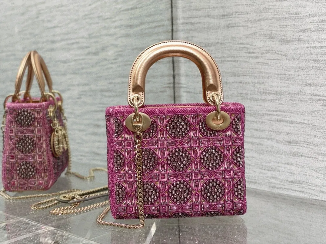 Dior Lady Dior Mini Chain Bag in Satin with Pink Resin Pearl Embroidery — image 10