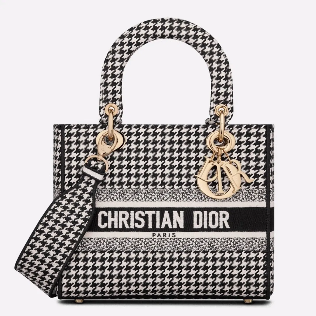 Dior Lady D-Lite Medium Bag in Black White Houndstooth Embroidery