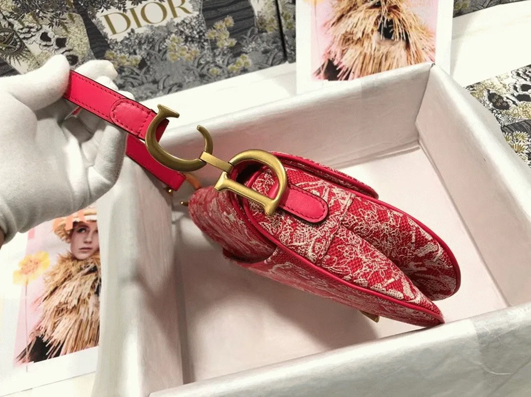 Dior Saddle Bag Imitation in Red Toile de Jouy Reverse Jacquard — image 9