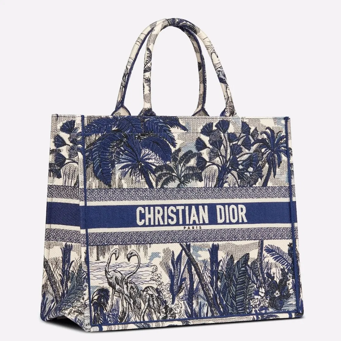 Dior Large Book Tote Bag in Blue Palm Tree Toile de Jouy Embroidery