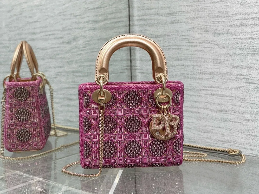 Dior Lady Dior Mini Chain Bag in Satin with Pink Resin Pearl Embroidery — image 2