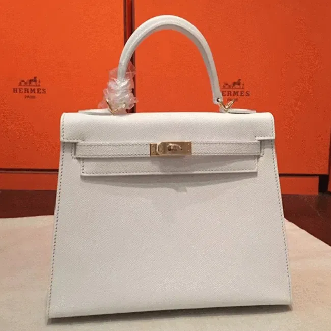 White Epsom Luxury Hermes Kelly 25cm Sellier Structured Bag