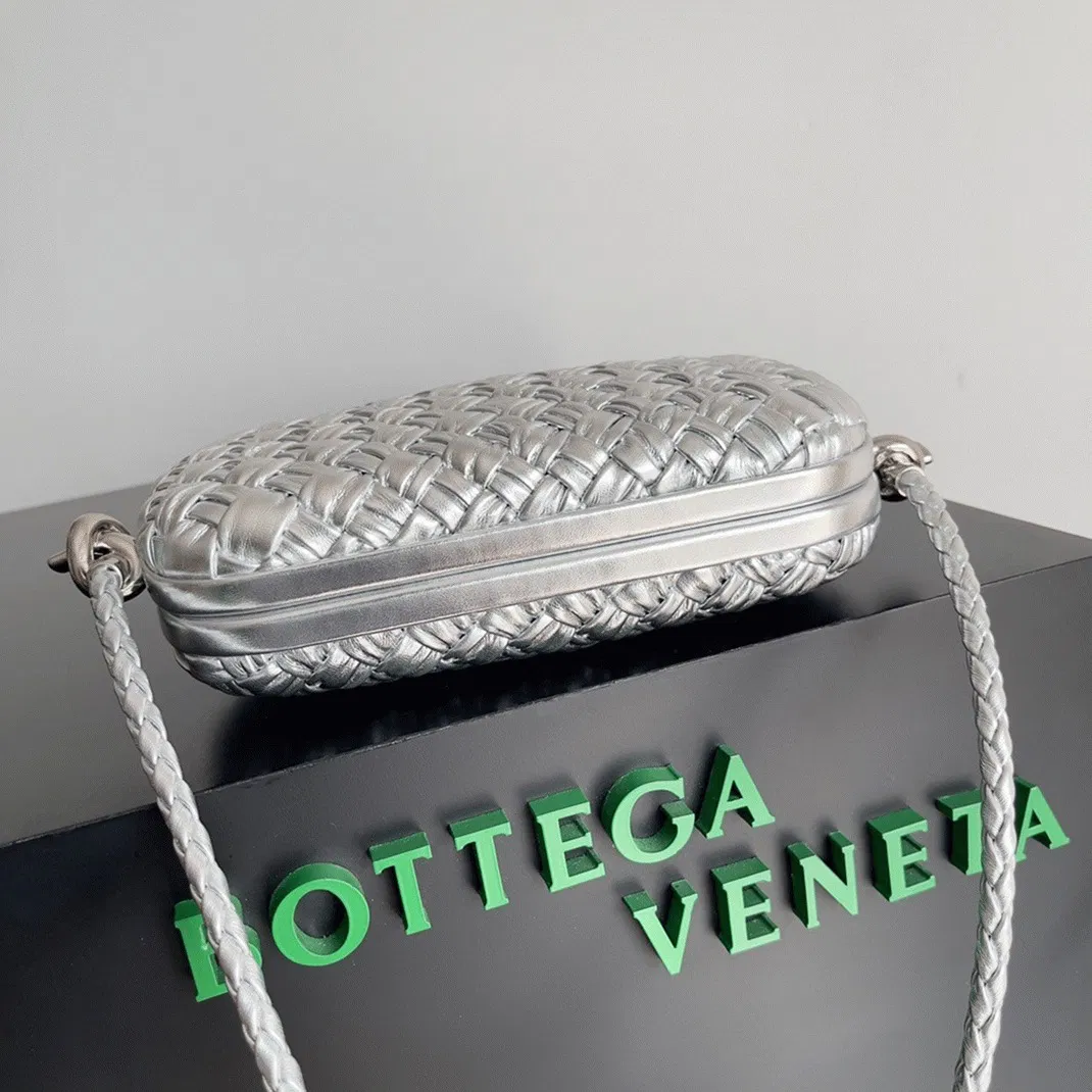 Bottega Veneta Knot Minaudiere On Strap Silver Intreccio Laminated Leather — image 8