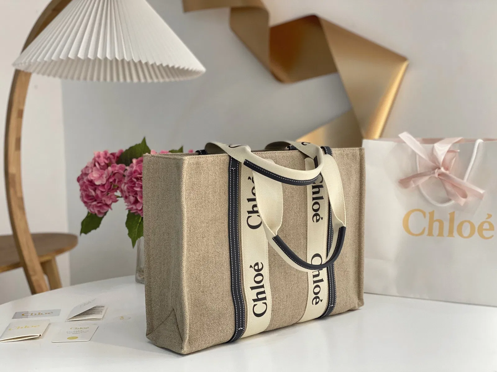 Top Quality Chloe Woody Large Tote Bag in Linen Canvas with Navy Blue Leather — image 5