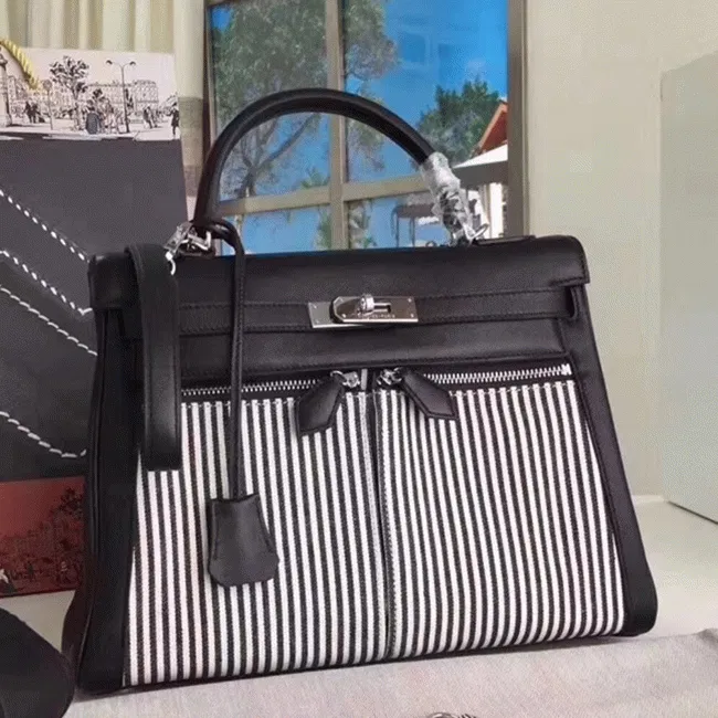 Black Toile Swift Knockoff Hermes Kelly Lakis 32cm Hybrid Bag