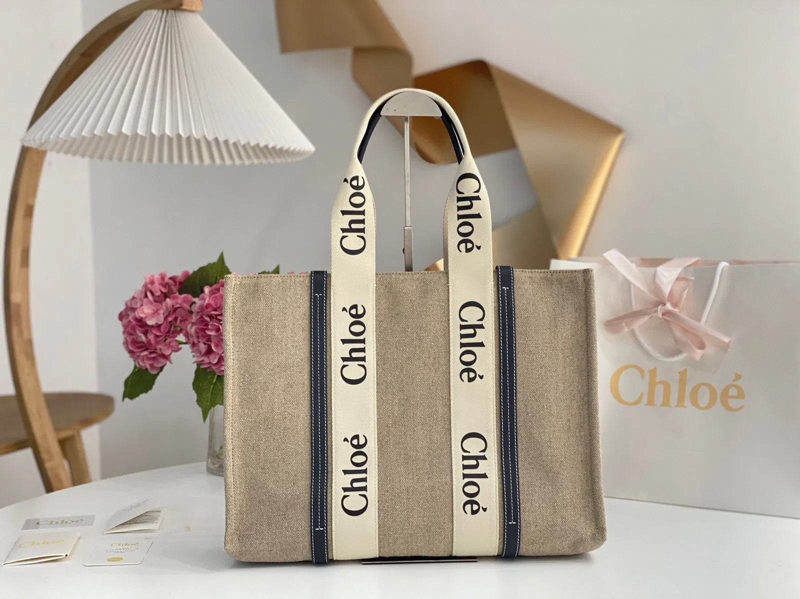Top Quality Chloe Woody Large Tote Bag in Linen Canvas with Navy Blue Leather — image 4
