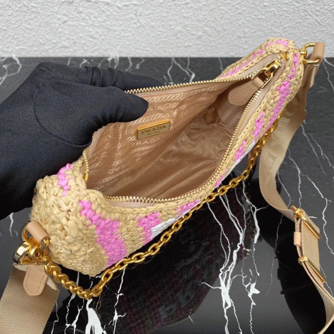 Prada Re-Edition Bag Knockoff in Beige and Pink Stripe — image 3
