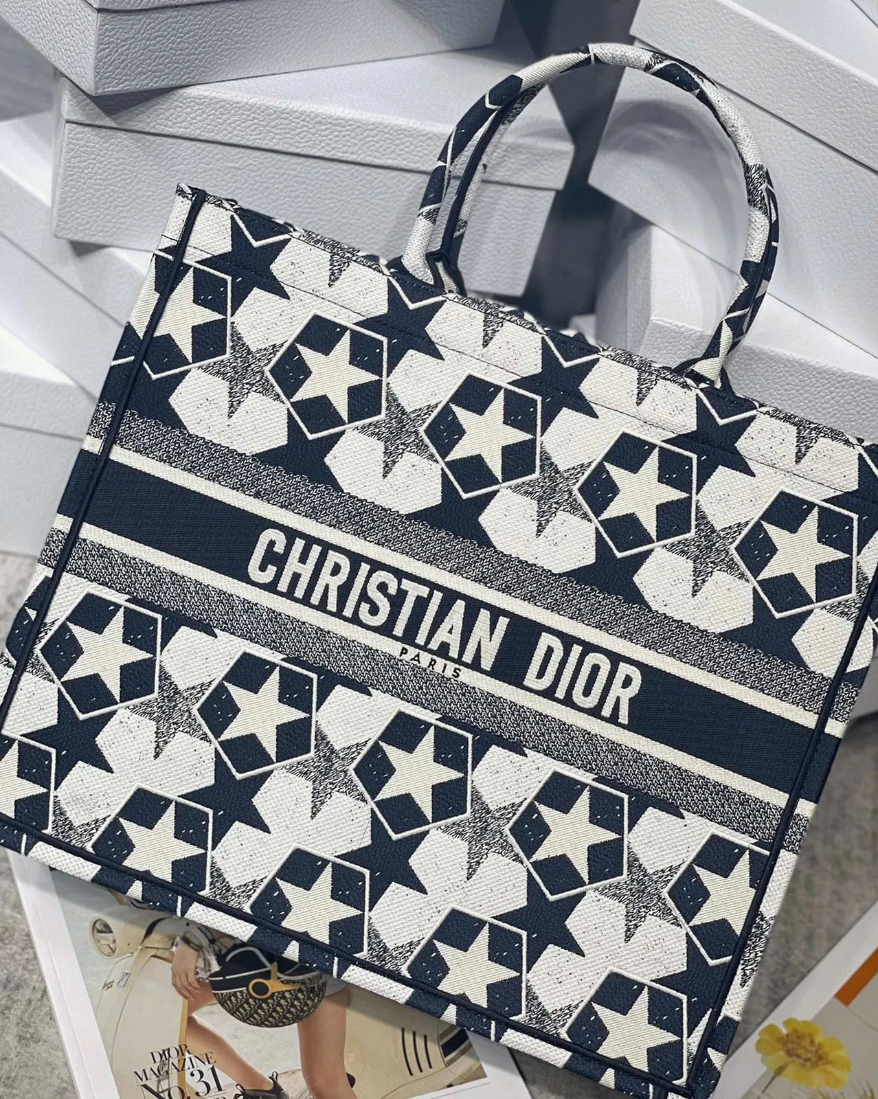 Dior Large Book Tote Bag Knockoff in Blue and White Dior Etoile Embroidery — image 3