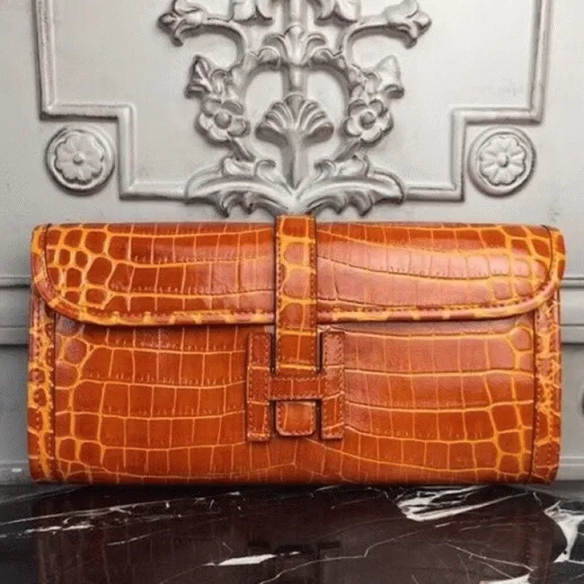 Orange crocodile leather knockoff Hermes Jige Elan clutch bag