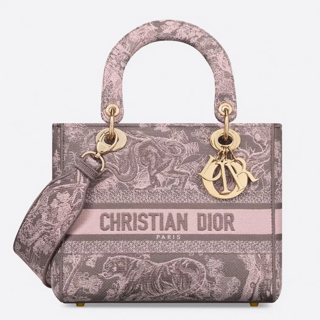 Dior Lady D-Lite Medium Bag Knockoff in Grey and Pink Toile de Jouy Reverse Embroidery