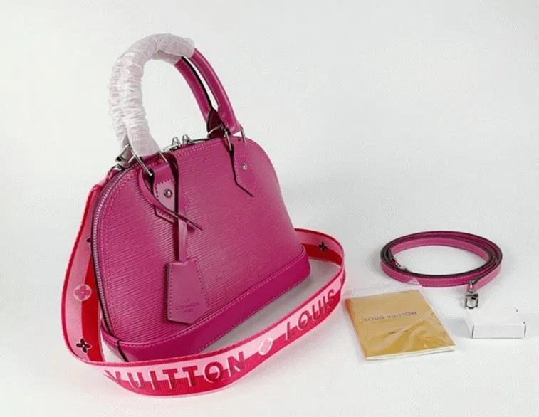 Louis Vuitton Epi Leather Alma BB Handbag In Pondichery Pink With Jacquard Strap — image 7