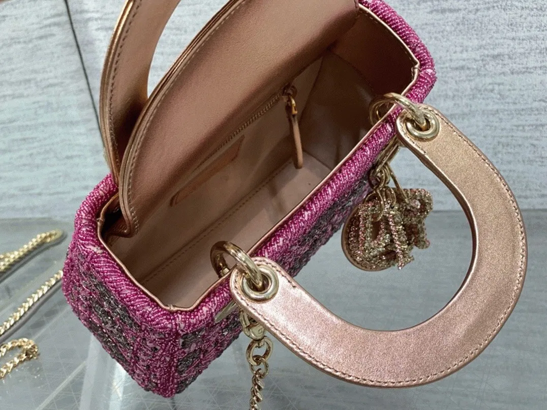 Dior Lady Dior Mini Chain Bag in Satin with Pink Resin Pearl Embroidery — image 4