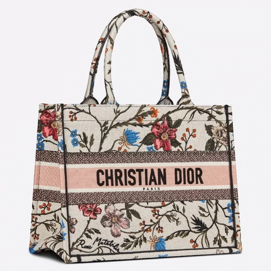 Dior Medium Book Tote Bag in Multicolor Rosa Mutabilis Embroidery