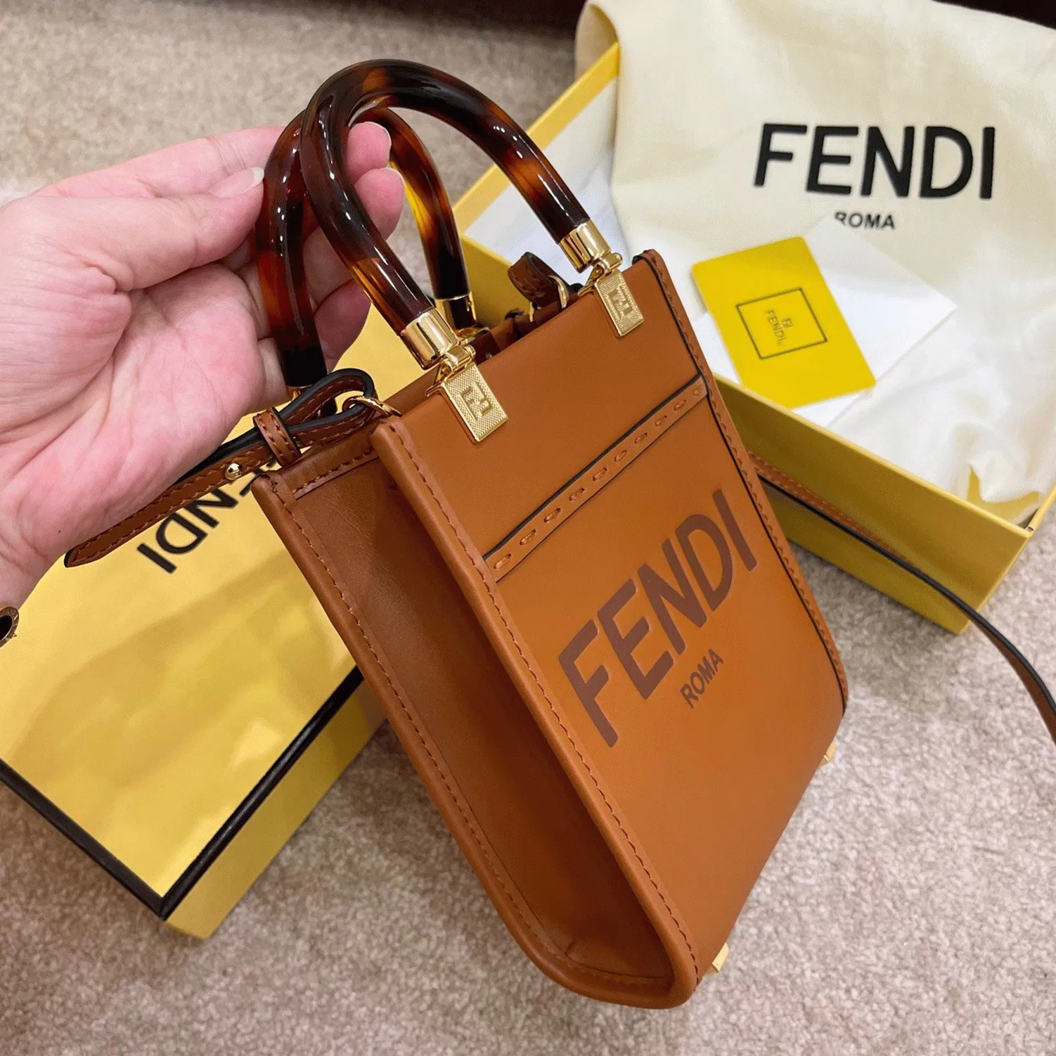 Top Quality Fendi Mini Sunshine Shopper Bag In Brown Leather — image 4