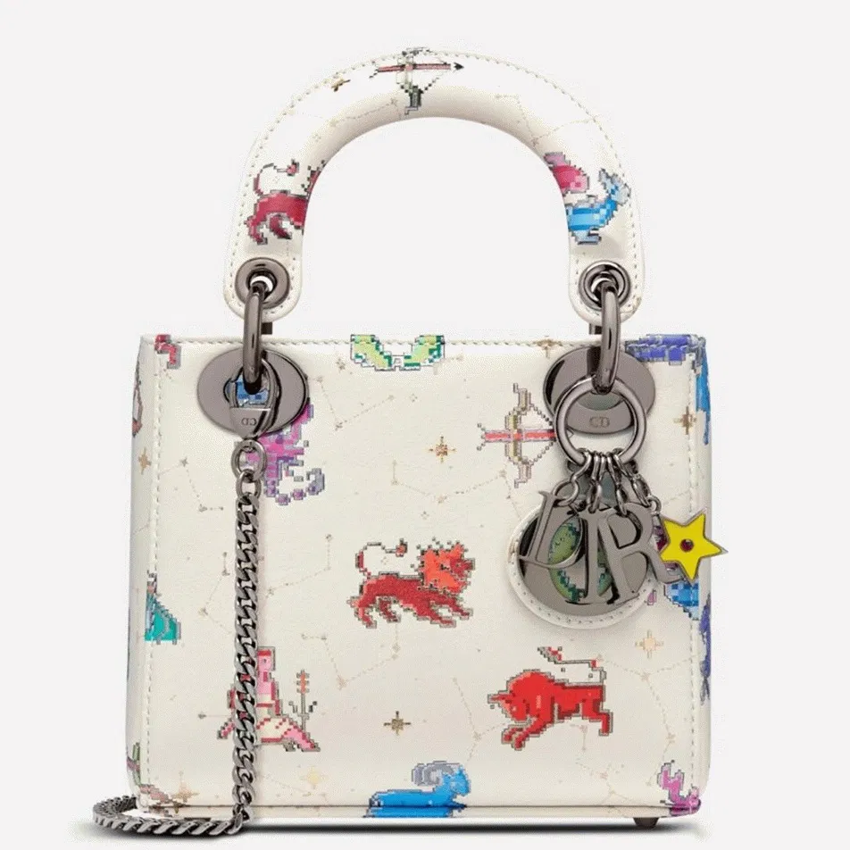Dior Lady Dior Mini Bag in White Calfskin with Pixel Zodiac Print
