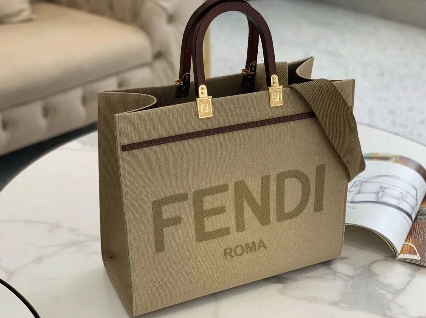 Top Quality Fendi Sunshine Medium Tote Bag In Beige Canvas — image 7