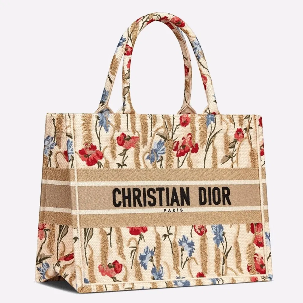 Dior Medium Book Tote Bag in Hibiscus Metallic Thread Embroidery